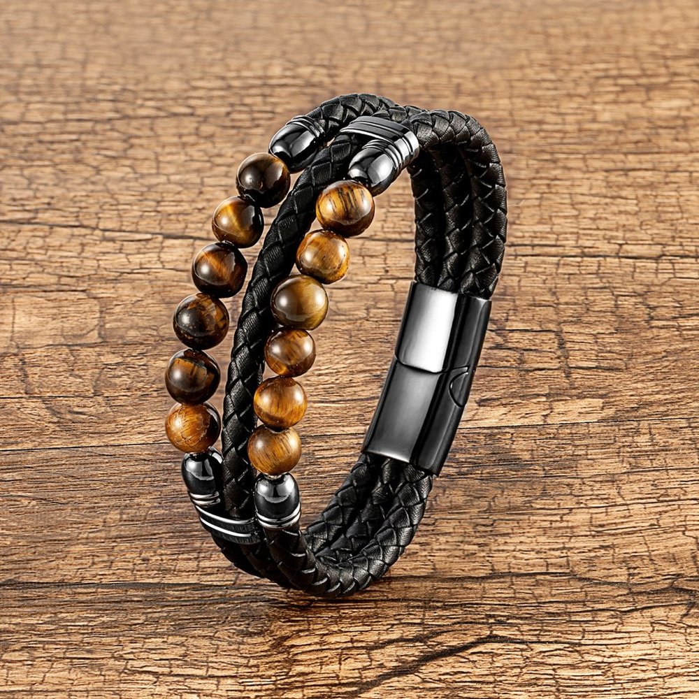 Tiger's Eye Beads Stone Men's Leather Braided Bracelet Bangle Magnetic Clasp